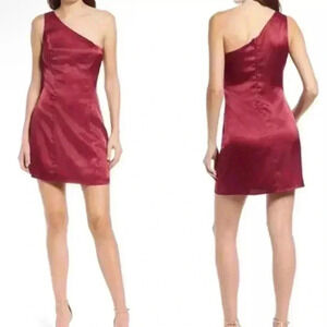 Lulus Lisette Burgundy Satin One Shoulder Dress Size XL